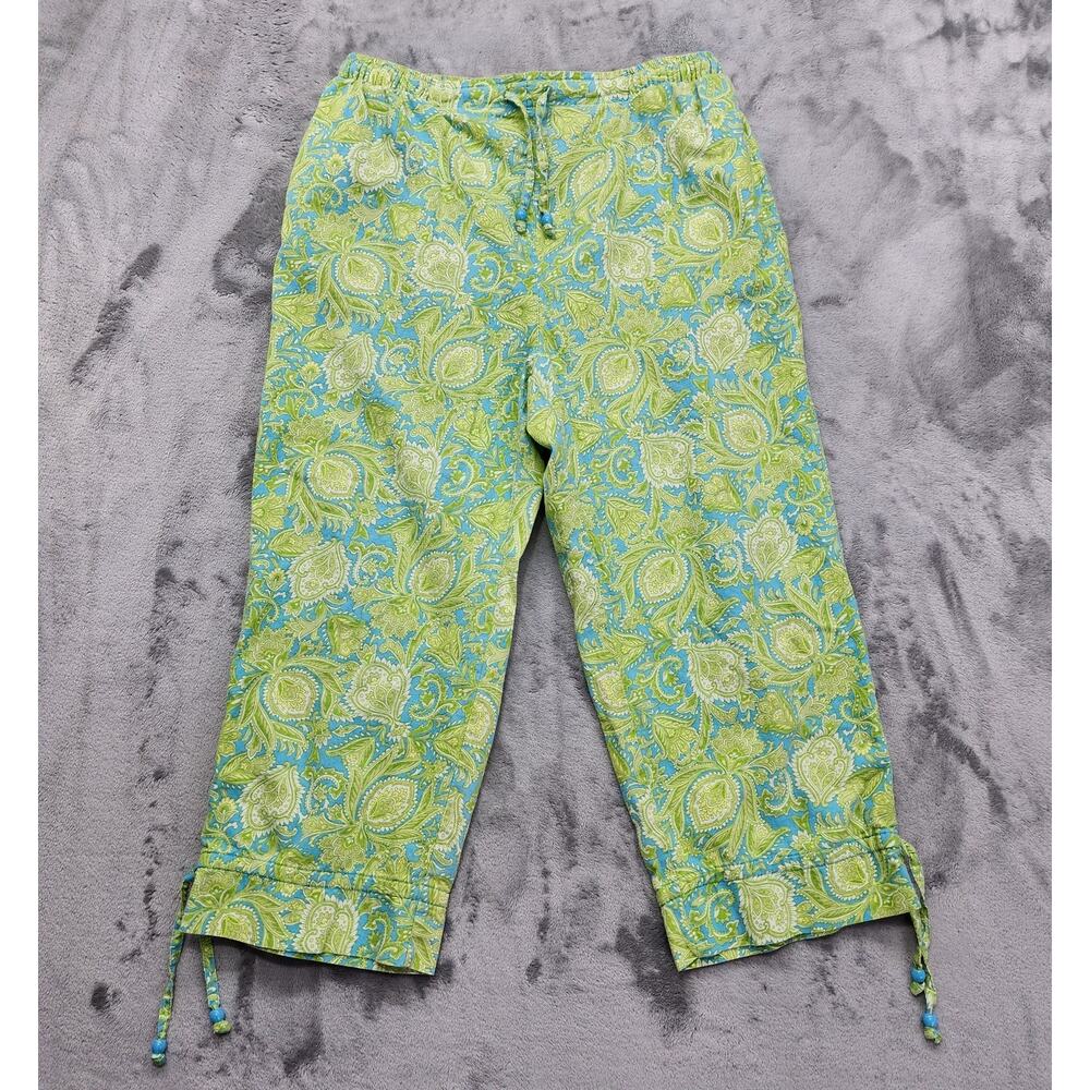 Vintage 90s Erika Pants Womens M Green Blue‎ Leaf Print Linen Blend Pull On Crop